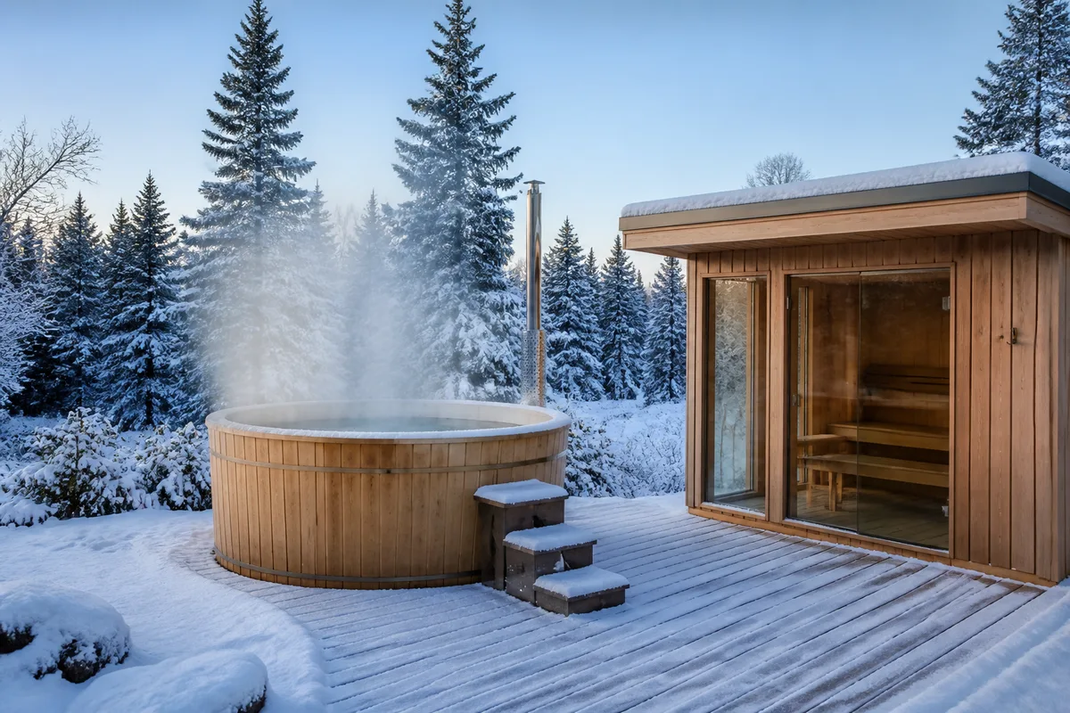 Cabine de sauna en bois clair vue de l'intérieur, banquettes étagées et poêle garni de pierres volcaniques