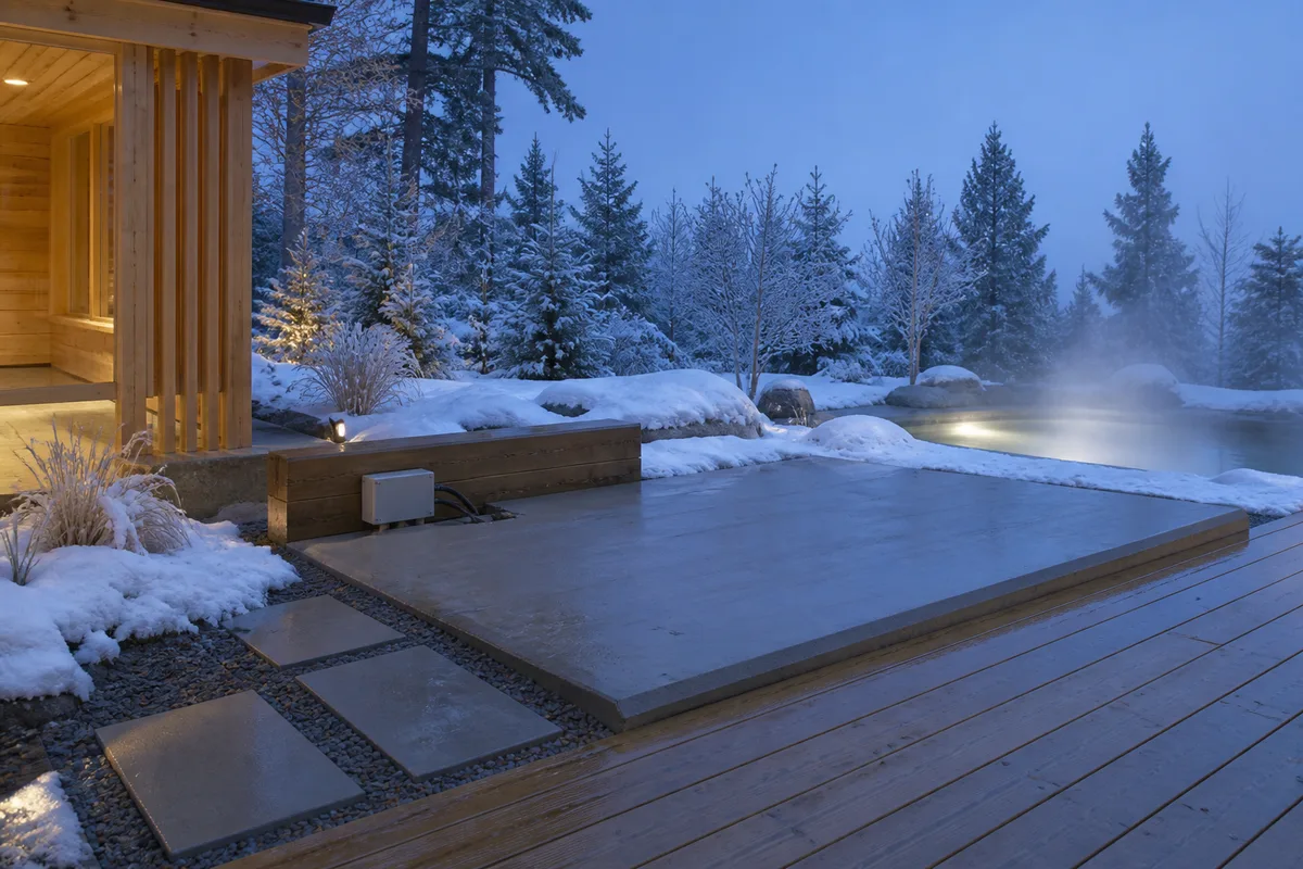 Terrasse extérieure préparée pour recevoir un spa avec dalle béton et cheminement
