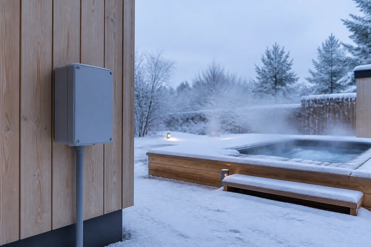 Coffret électrique extérieur étanche installé à distance d’un bassin de spa