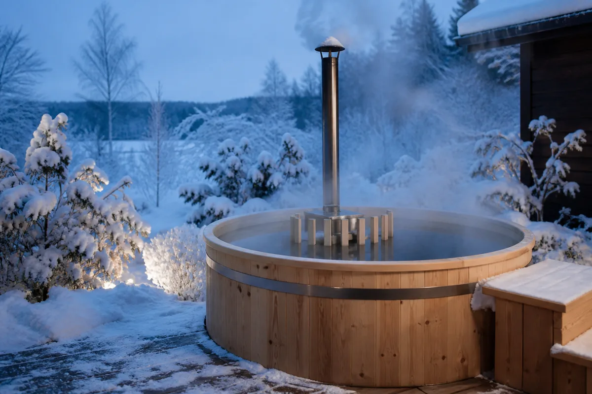 Bain nordique en bois avec poêle immergé fumant sous la neige