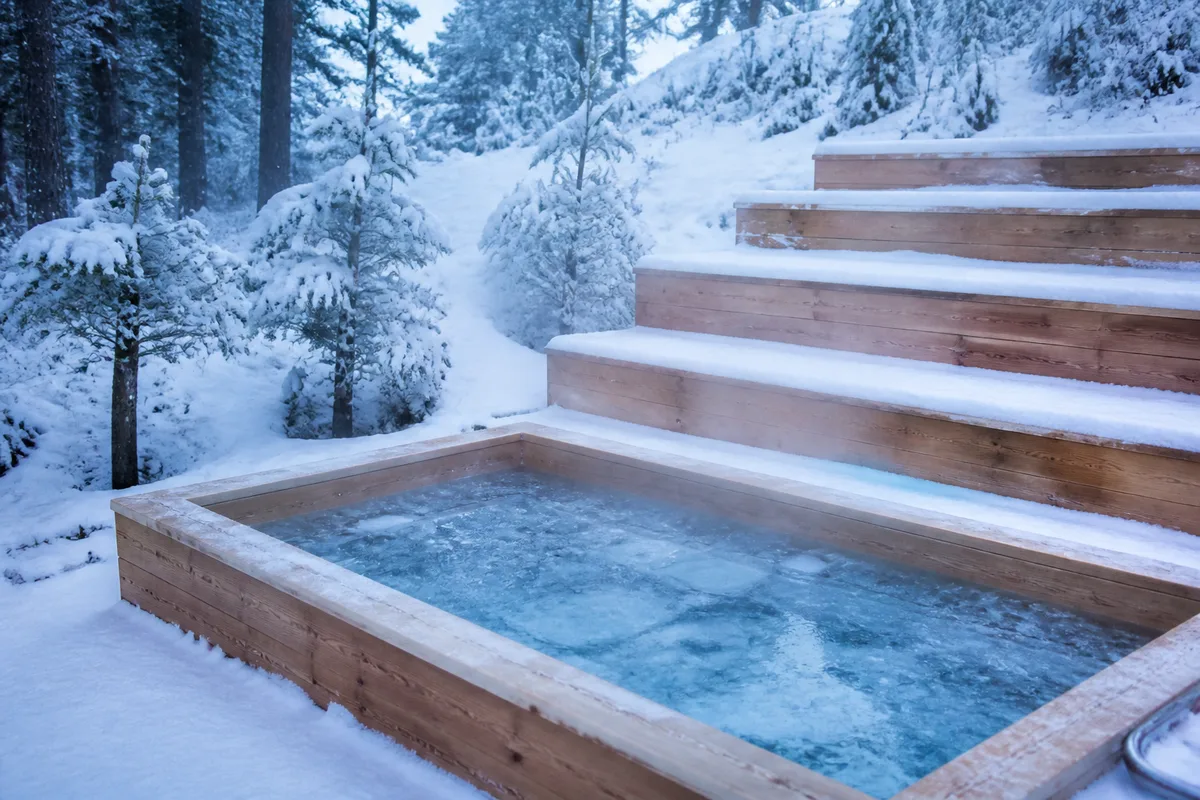 Bac de bain froid en extérieur avec eau glacée et gradins en bois enneigés