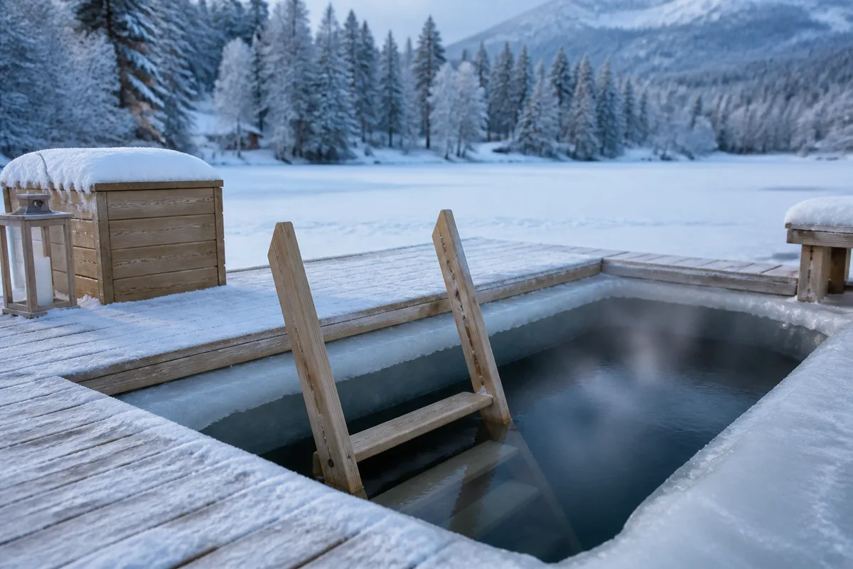 Échelle en bois descendant dans un trou creusé dans la glace d’un lac