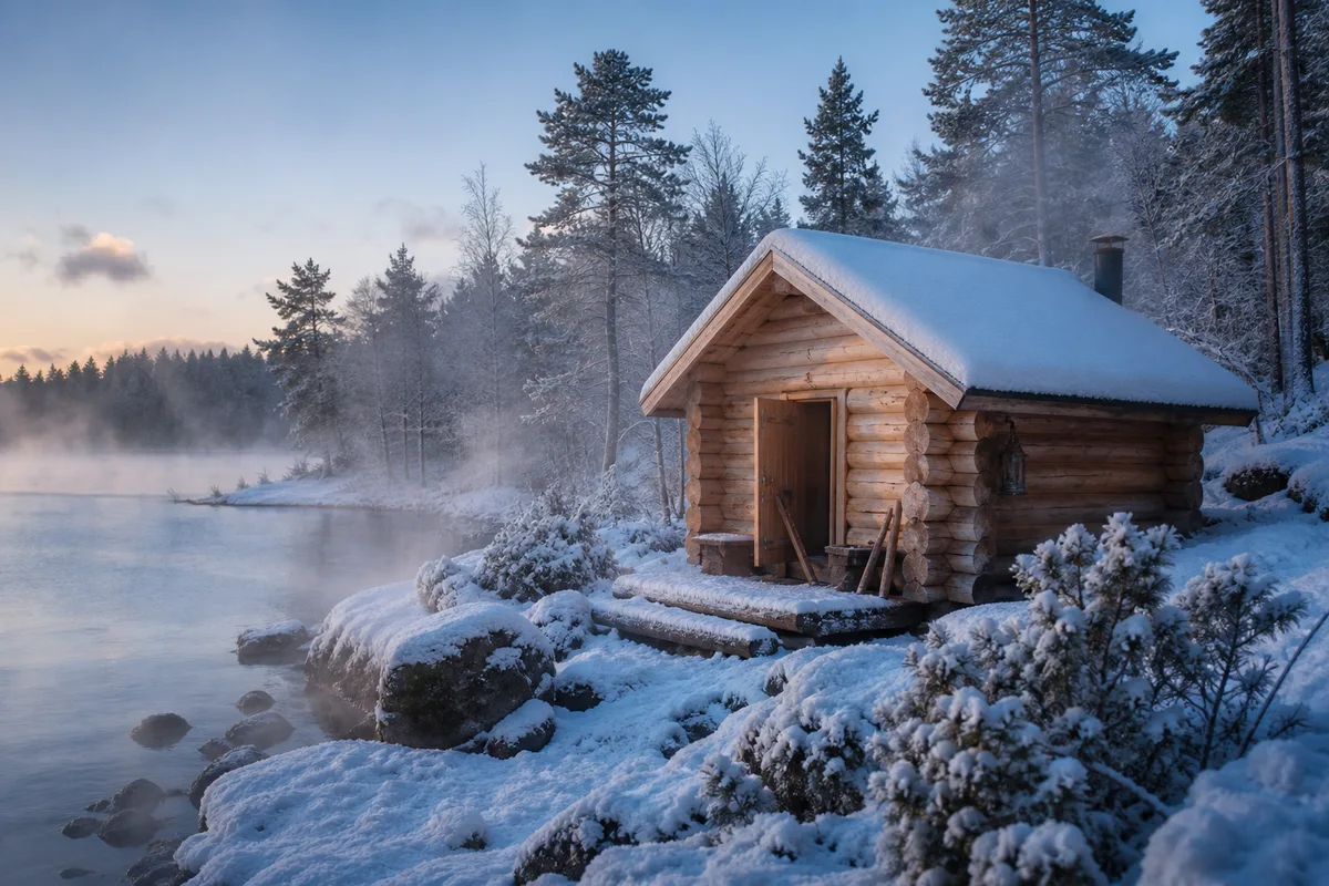 Sauna à fumée en rondins au bord d’un lac finlandais sous la neige