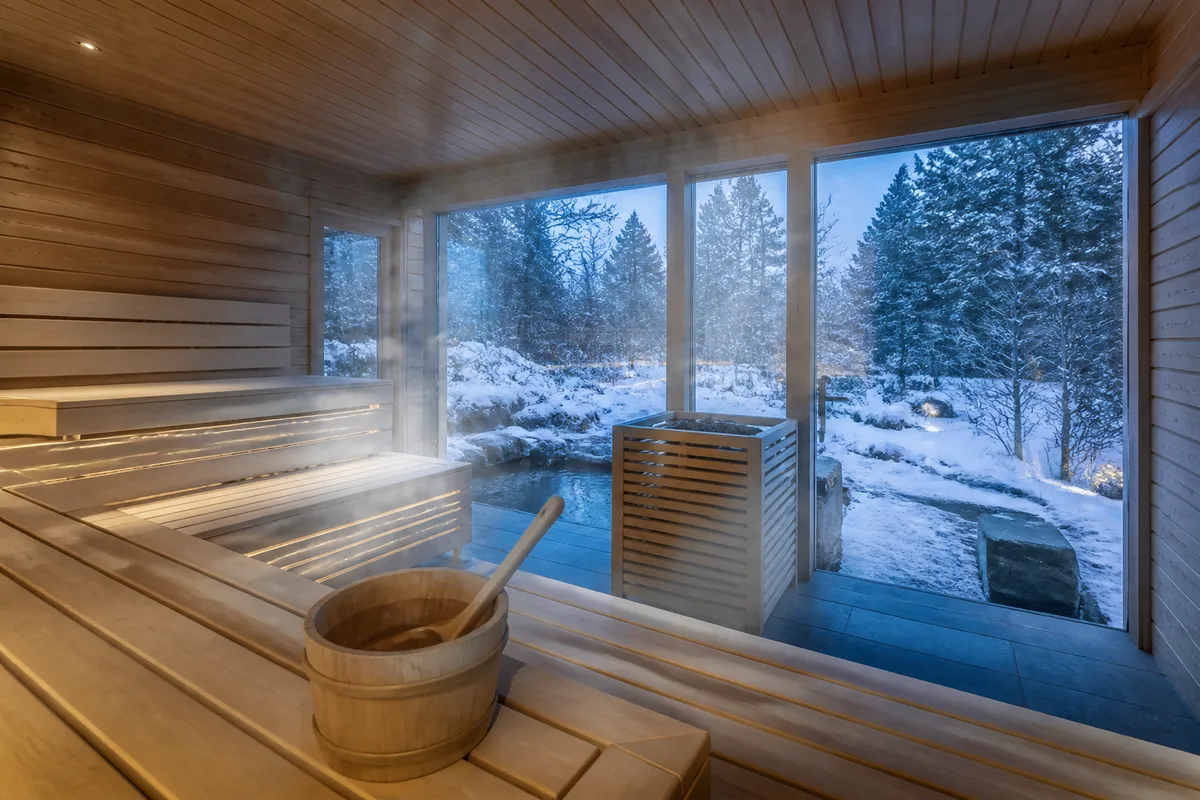 Banquettes en bois clair d’un sauna public avec seau et louche en bois
