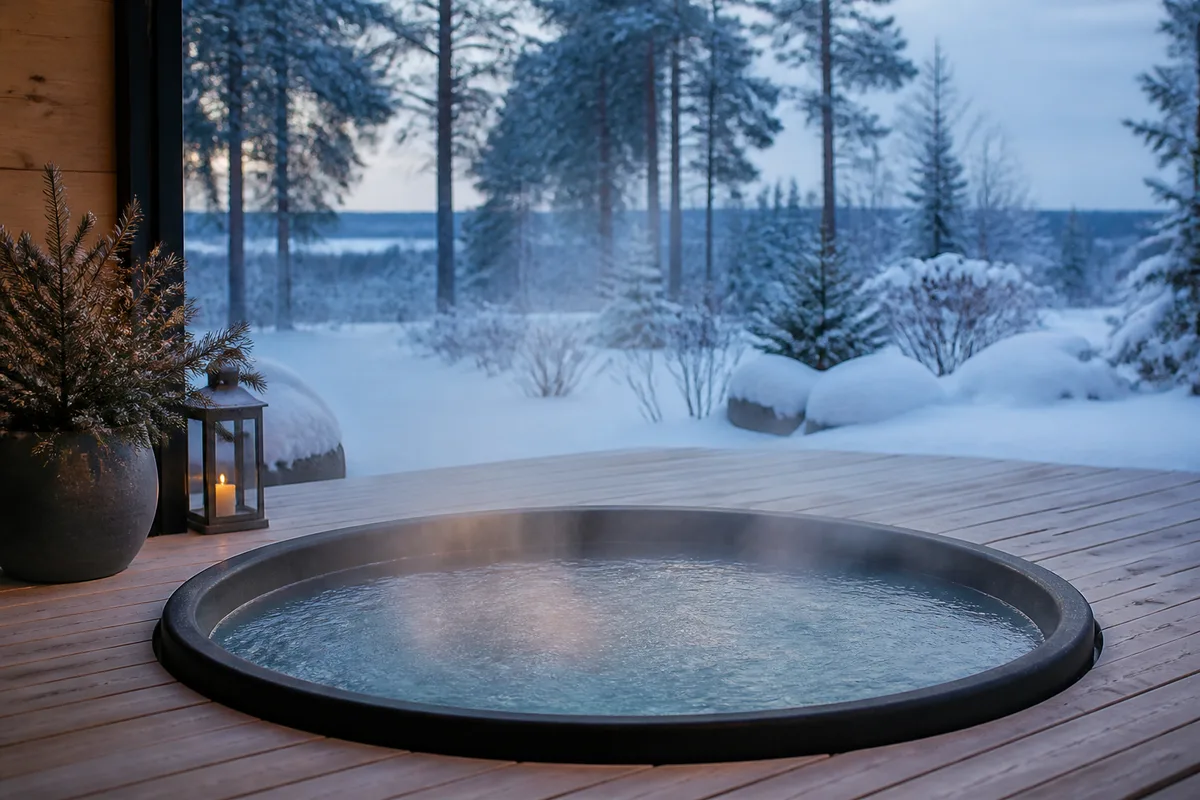 Spa rond installé sur une terrasse en bois avec vue sur un jardin