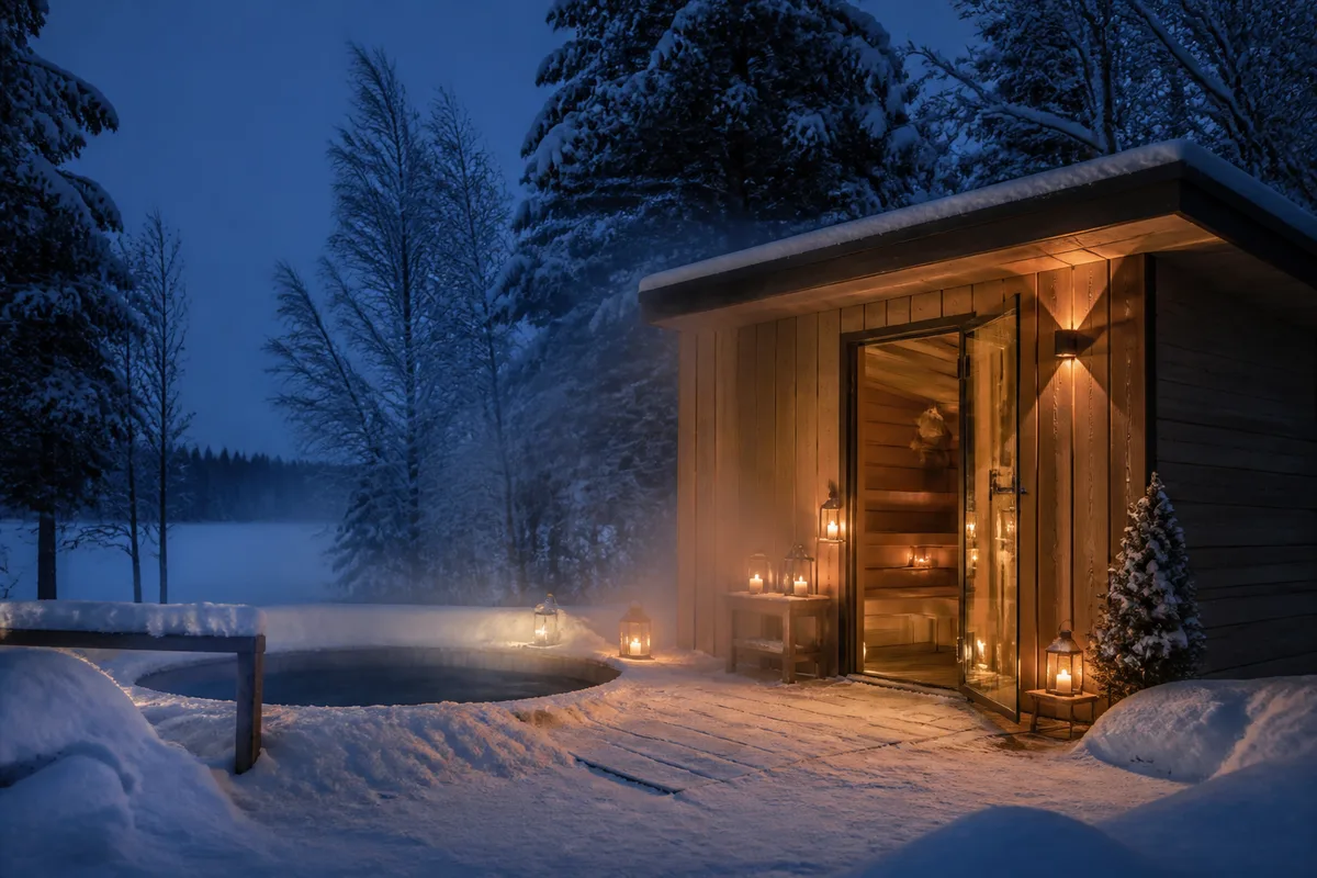 Sauna en bois éclairé à la bougie un soir d&rsquo;hiver enneigé en Finlande