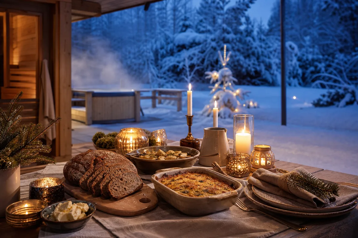 Table de Noël finlandaise avec pain de seigle, gratins et bougies allumées