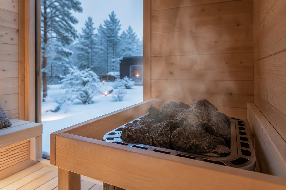 Poêle de sauna surmonté de pierres volcaniques dans une cabine en bois clair