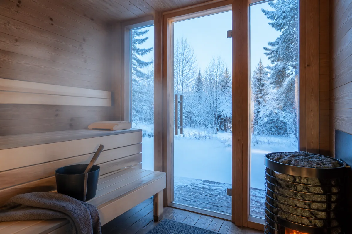 Intérieur de cabine finlandaise avec banquettes en tremble et porte vitrée